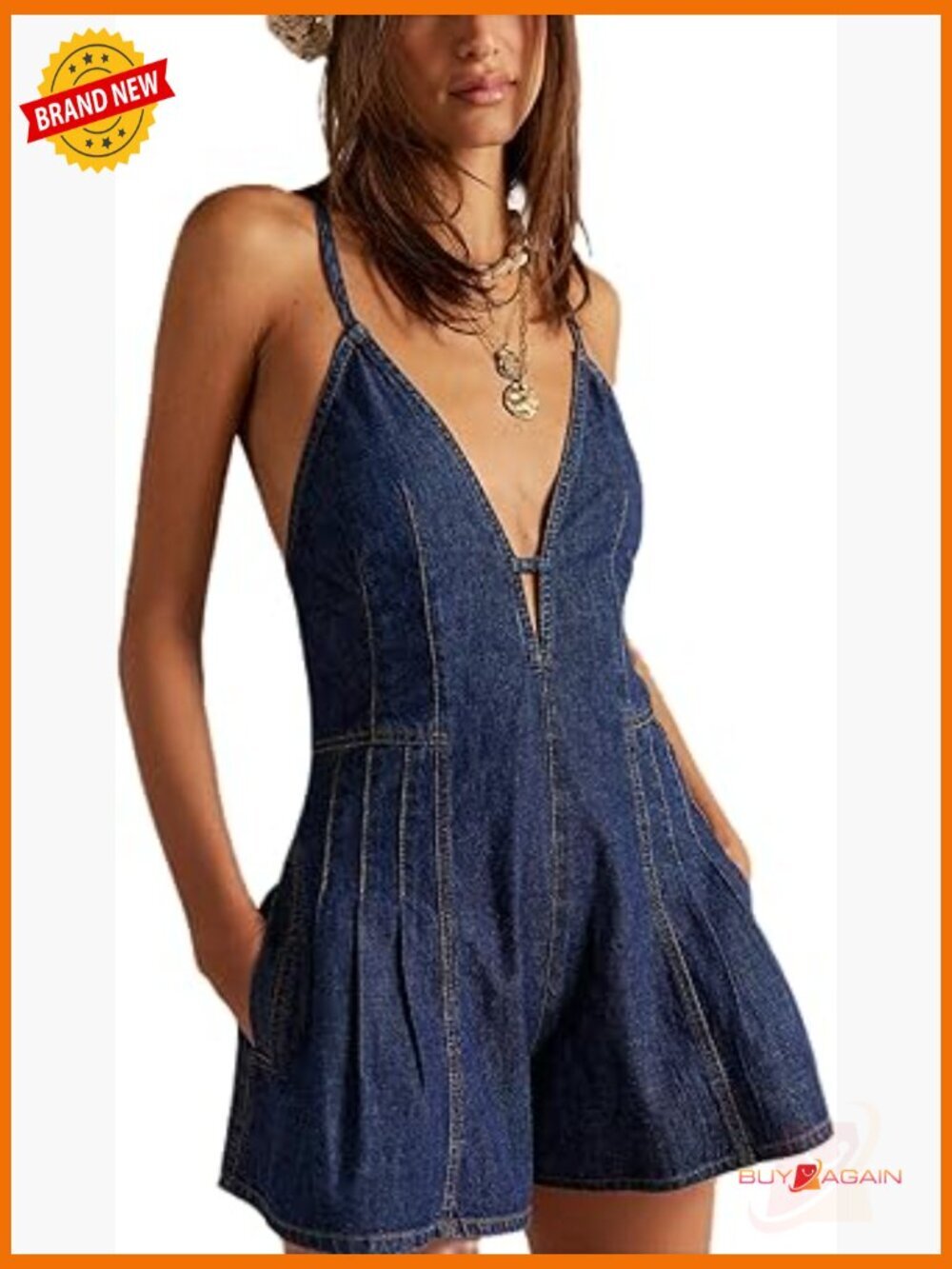 Spaghetti Strap Denim Romper Sleeveless V Neck Backless Tie-Up Jean Short